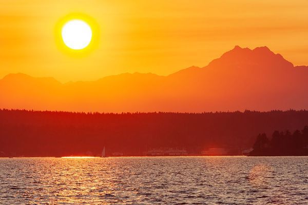 Sunset over Puget Sound- Seattle- Washington State. Silhouette of The Brothers peak on the right.